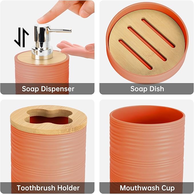 4 Pieces Bamboo Bathroom Accessories Set, Bathroom Accessory Set with Soap Dispenser and Toothbrush Holder, Soap Dish and Toothbrush Cup, Boho Bathroom Decor(Orange)