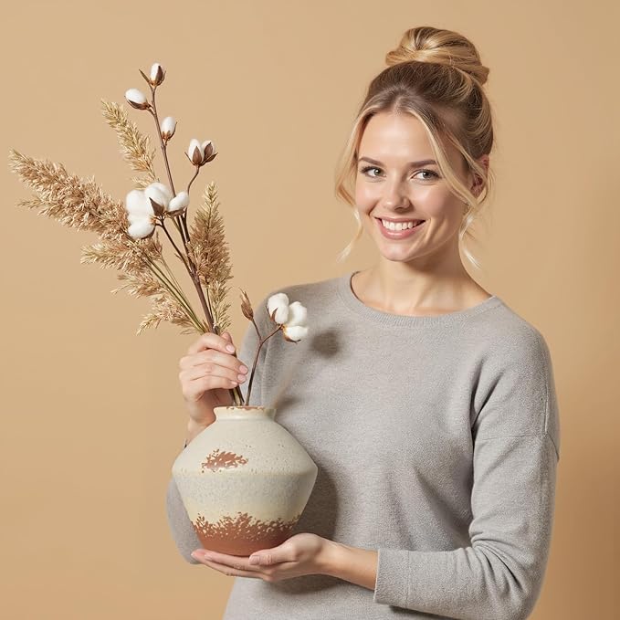 Ceramic Rustic Farmhouse Decor, Pottery Decorative Flower Vases, Boho Vase for Centerpieces,Office, Living Room, Dining Table, Entryway, Shelf, Mantel(Height 6.7 inch-Rustic)
