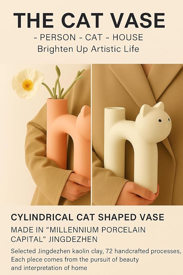 Pink Cat Lover Gift – Cute Animal Vase for Dried Flowers, Pampas Grass – Kawaii Boho Decor for Girls Room, Desk, or Shelf – Gift for Women, Girlfriend & Cat Moms