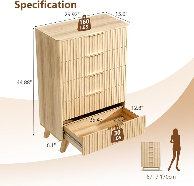VINGLI Tall Dresser for Bedroom, Fluted Dresser Vertical Chest of Drawers, Tall Skinny Dressers with Rounded Edges, 29.92" W*15.6" D*44.88" H