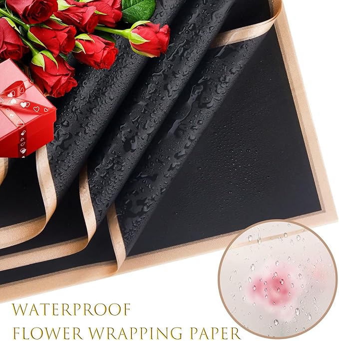 Luerbi 40 Sheets Black Flower Wrapping Paper, Gold Edge Waterproof Floral Wrapping Paper, 22.8x22.8 inch Bouquet Paper Wrap with 2 Rolls Ribbon for Wedding Birthday Gift DIY Crafts Florist Supplies