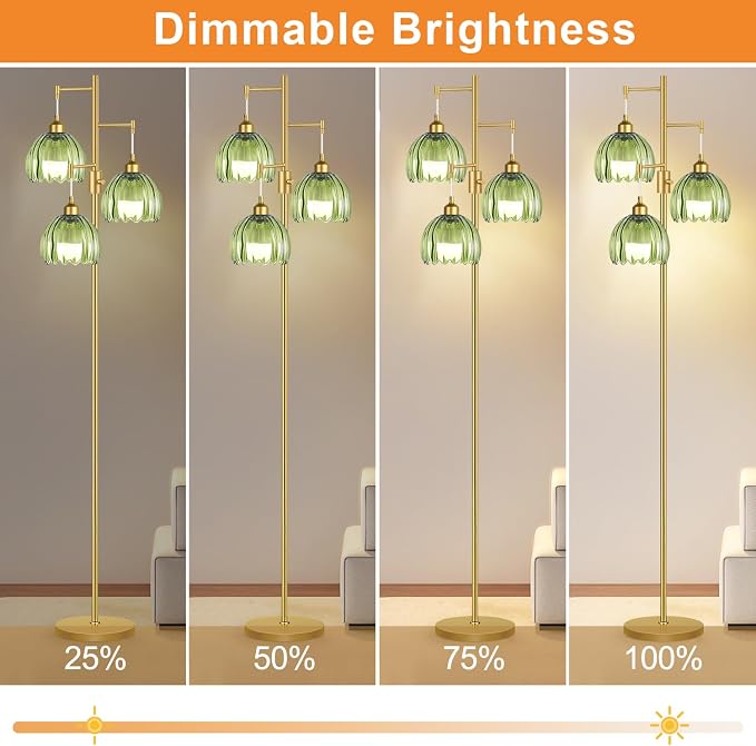 ZECOXOL Dimmable Floor Lamps for Living Room-3 Light Gold Floor Lamp with Three Bulbs & Glass Lampshape, Mid Century Modern Standing Lamp Tree Tall Flower Floor Lamp for Bedroom Living Room,Corner