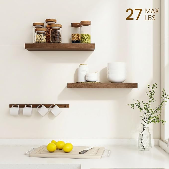 Dreamland Floating Shelves, 20Inch Rustic Wooden Walnut Wall Shelves for Bathroom|Bedroom|Kitchen, Deep Wall Mounted Book Shelf, Wood Storage Display Shelf for Home Decor, Set of 2