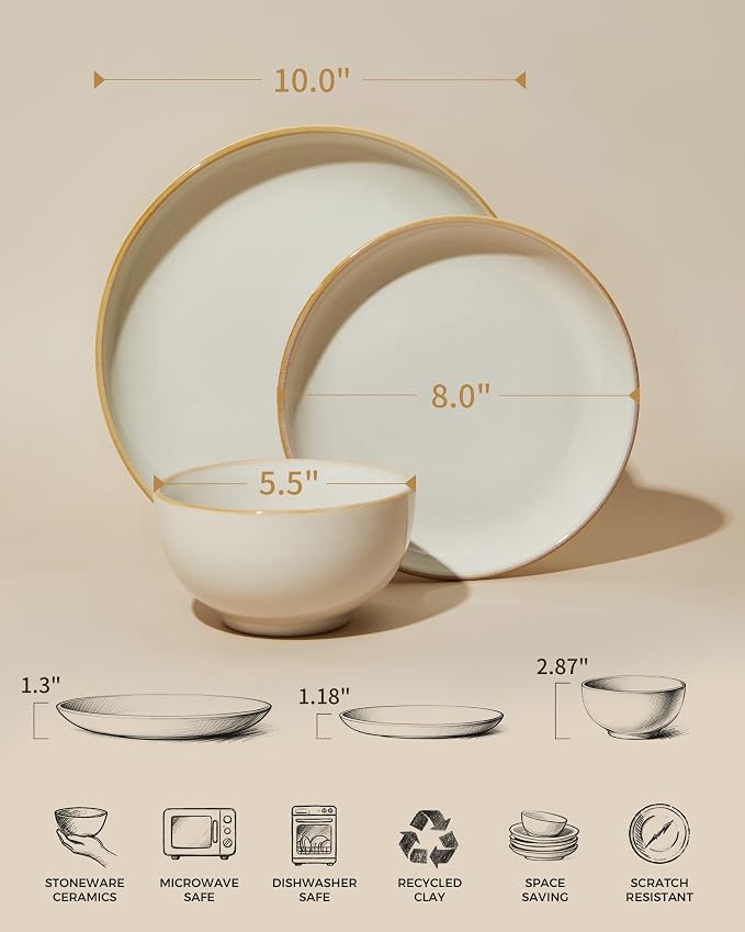 Pokini Stoneware Dinnerware Sets, Ceramic Plates and Bowls Set, Microwave & Dishwasher Safe Kitchen Dishes, Modern Dinner Salad Plates | Cereal Bowls, Dishware Sets Service for 4 Yellow White