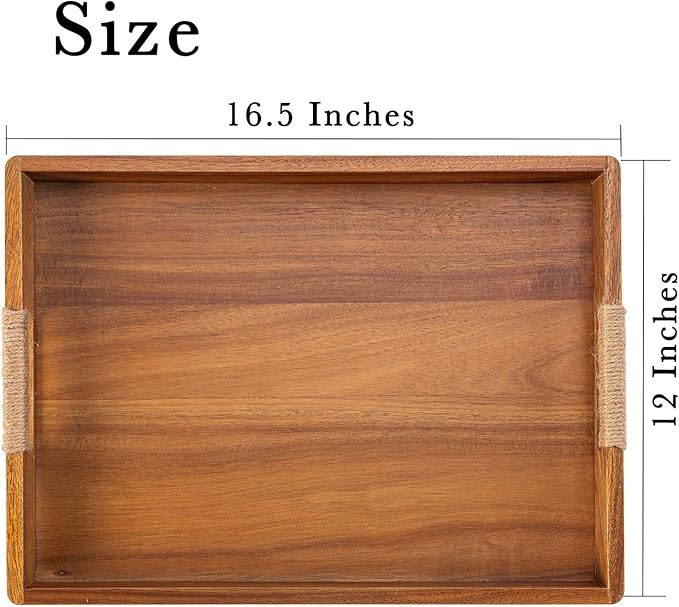16.5 x 12 Inches Acacia Wood Serving Tray, Large Wooden Food Trays with Handles, Coffee Table Tray for Ottoman, Charcuterie, Parties, Eating, Snack, Decor, Outdoor Kitchen Counter Bandeja De Madera