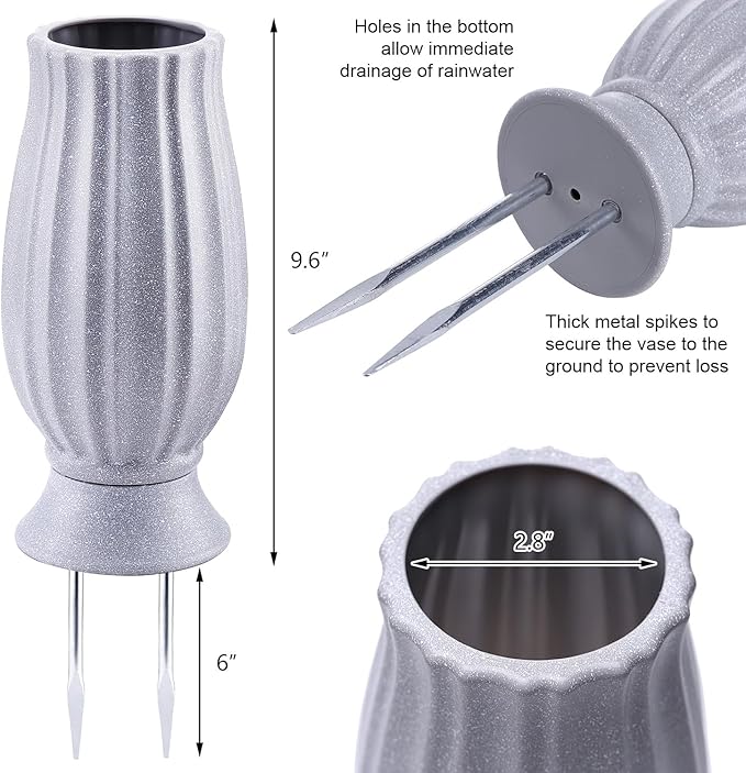 Bocola Cemetery Vase for Grave Decorations with Metal Spike Headstones Flower Holder for Atificial Flowers Fake Floral Outdoor Tombstone Markers memorials Sympathy for Loss of Loved Ones