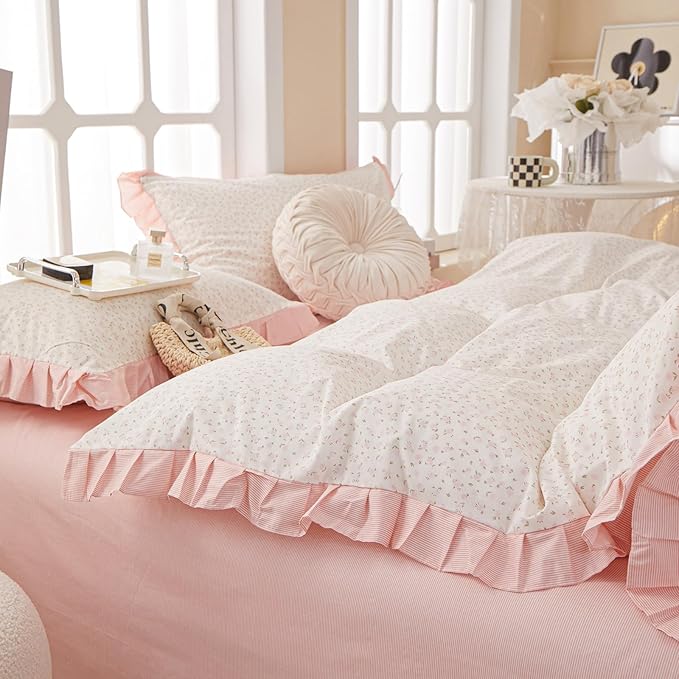 EAVD Pink Floral Duvet Cover Twin Soft 100% Cotton Chic Romantic Ruffled Floral Bedding Set with 2 Pillowcases Vintage Style Botanical Floral Comforter Cover with Zipper Closure