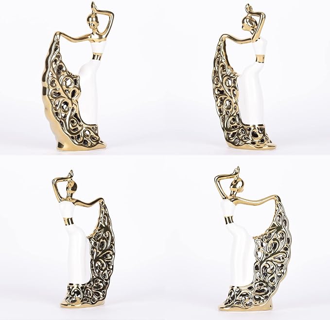 DOVDOV Peacock Statue and Sculpture, Female Dancer Sculpture, Modern Home Golden Ceramic Statue for Coffee Table, Entrance, Living Room, Bedroom Office Decoration Accessories (White Gold)