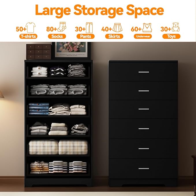 48" Tall Dresser for Bedroom Chest of Drawers with Power Outlets Wood 6 Drawers Dresser with Large Storage Space and Metal Handles Modern Closet Storage Drawer for Living Room Hallway Black