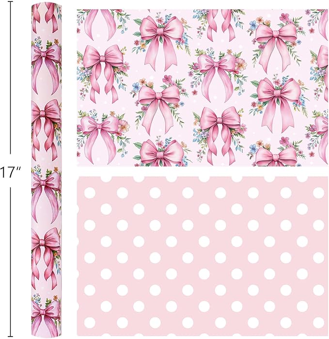 Burymento Pink Bow Flower Wrapping Paper, Reversible Wave Point Gift Wrap for Birthday, Valentines, Mothers day, Graduation, Wedding, Fathers day, Baby Shower, Christmas (17in x 16.4ft)