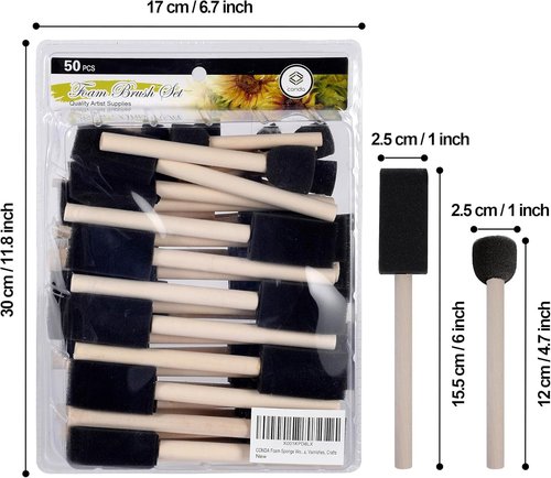 Conda Foam Brush Set - 50 Pack Assorted Sizes 0.5"-2" | Lightweight & Durable for Acrylics, Stains, Varnishes