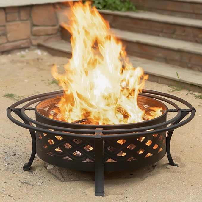 Panovue 42 Inch Outdoor Fire Pit with 2 Loops,Crossweave Wood Burning Fire Pits for Outside,with Spark Screen,Fire Poker,Round Metal Firepit for Patio,Backyard,Beach,Camping,Bonfire(42''Black)