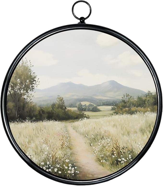 XIAOAIKA Round Vintage Wall Hanging Decor, Printed Textured Surface with Wood Back, Country Path Design, Black Metal Frame, Ready to Hang for Living Room Bedroom, 10 Inch