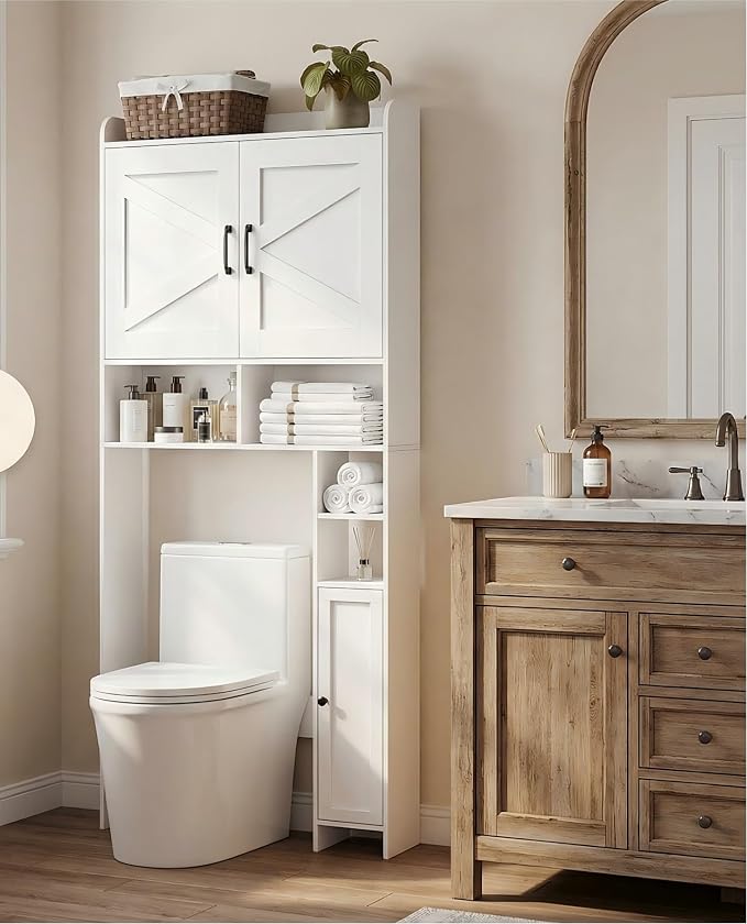 Homhedy Over The Toilet Storage Cabinet, White | 2 Barn Door, Toilet Paper Holder Stand, Freestanding Toilet Shelf, Space Saver, for Bathroom, Restroom, Laundry