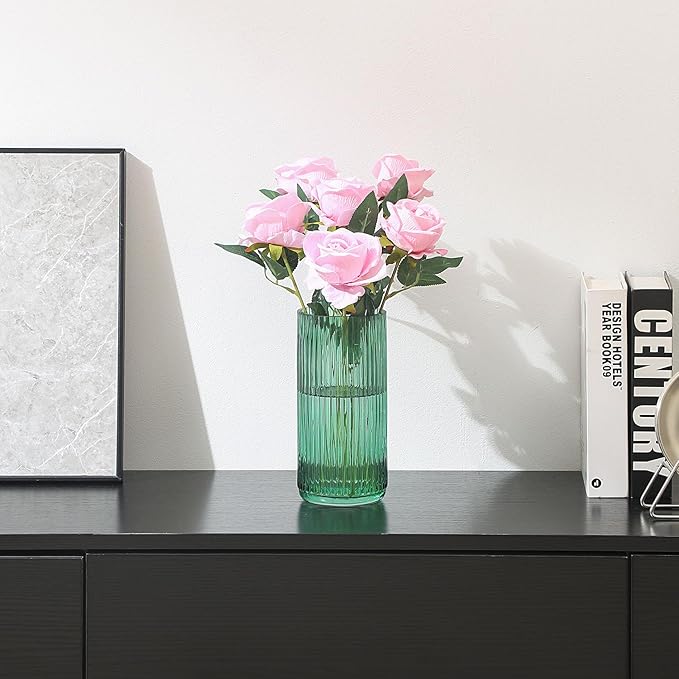 Ribbed Glass Vase, Flower Vases for Bouquet, Green Glass Vases for Flowers, Modern Ribbed Vase for Living Room, Bathroom, Dining Table, Office, Wedding, Centerpieces, 8 Inches