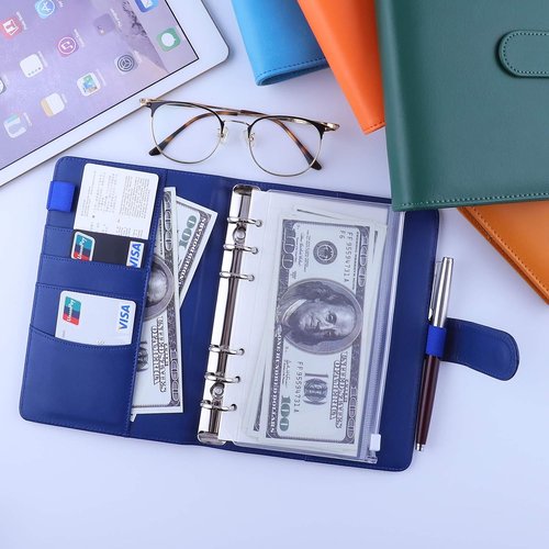 Antner A6 PU Leather Budget Binder - Refillable 6-Ring Notebook with Magnetic Closure | Navy Blue
