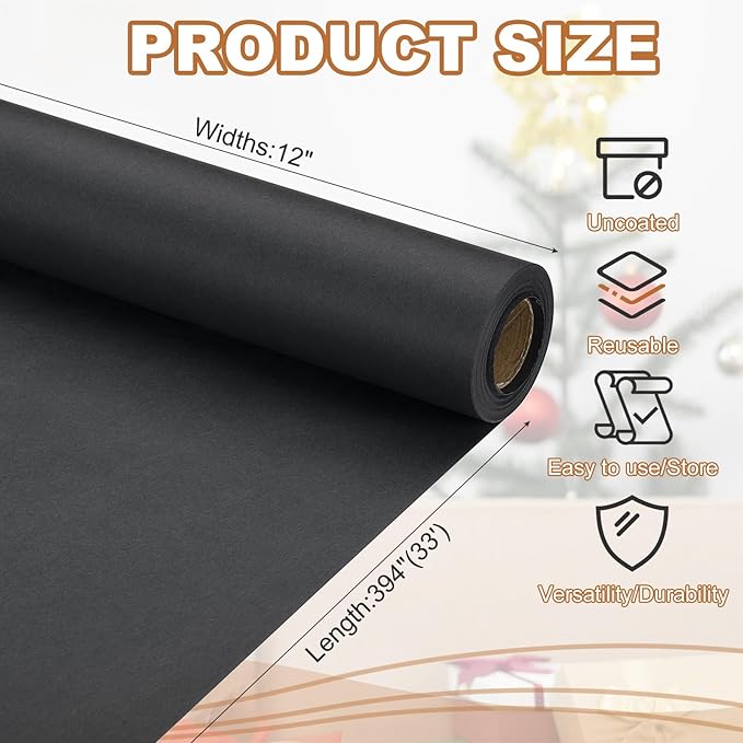 PATIKIL Wrapping Paper, 12" x 394"(33') 70 GSM Craft Paper Roll Kraft Packing Paper for Poster Bulletin Board, Gift Wrapping, Black