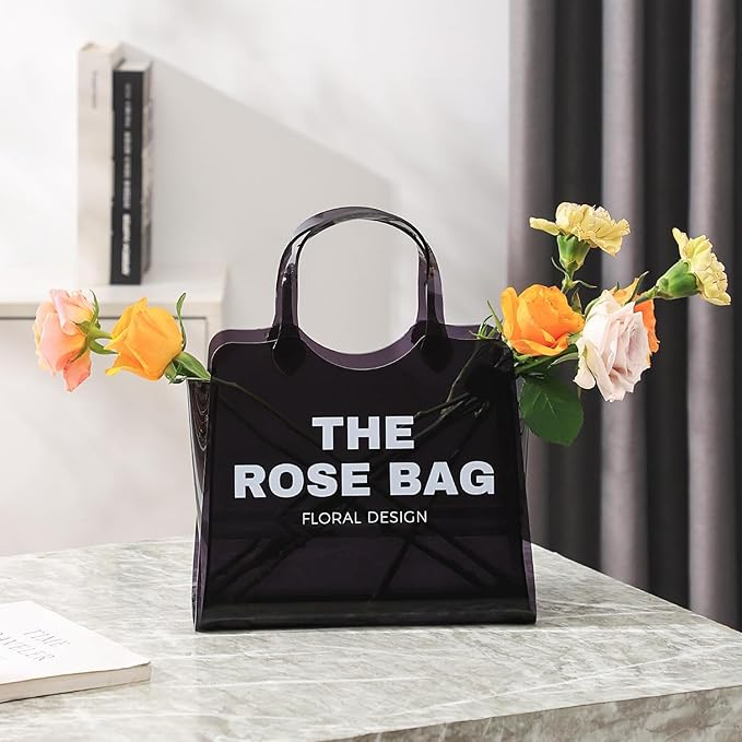 Purse Vase, Acrylic Purse Flower Vase, Black Acrylic Vase, Modern Flower Vase, Aesthetic Bag Vases for Flowers, Decorative Tote Bag Vases for Wedding, Living Room, Bedroom, Table, Office