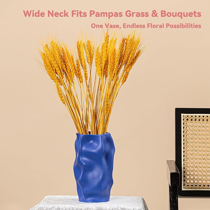 Blue Ceramic Vase for Home Décor – Modern Unique Flower Vase, Decorative Table Centerpiece – Handcrafted Ceramic Vase for Living Room, Office & Gift Ideas (ChifonCyan 8.3 inches)