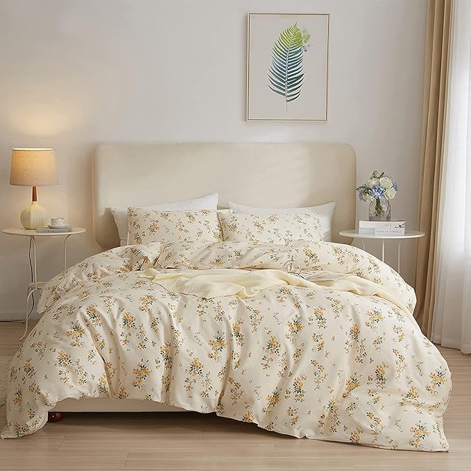 LIFETB Yellow Botanical Duvet Cover King Soft Cotton Floral Bedding Sets Chic Aesthetic Comforter Cover Vintage Garden Style Flower Print Duvet Cover Luxury Bedding Sets