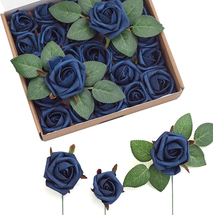 Ling's moment Artificial Rose Buds and Petite Roses w/Stem Pack of 24 for DIY Wedding Bouquets Centerpieces Decorations Boutonniere Corsages (Navy Blue)