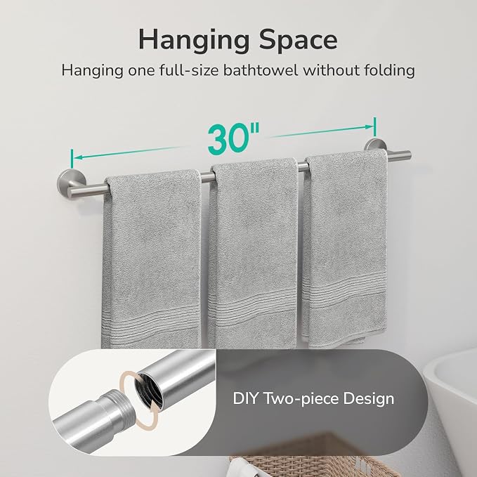 USHOWER Brushed Nickel Bath Towel Bar, 30-Inch Towel Rack for Bathroom Wall Mounted, Thicken SUS304 Stainless Steel Towel Rod (Total Length 32-Inch)