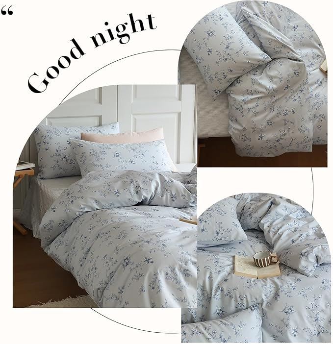 LifeTB Duvet Cover Set King 100% Cotton Vintage Blue Floral Duvet Cover Aesthetic Flower Comforter Cover with Zipper Closure Cottagecore Style Duvet Cover King with 2 Pillowcases for All Season
