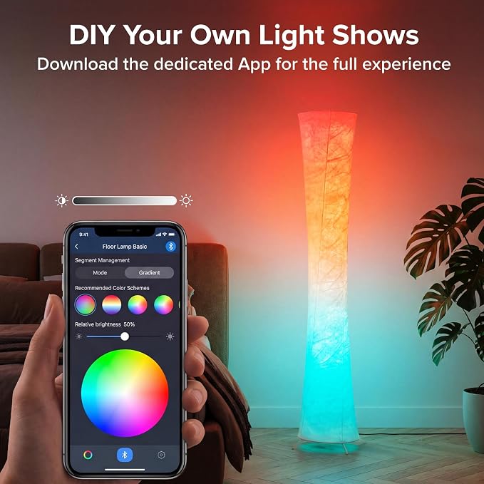 61'' Round Floor Lamp, RGB LED Corner Floor Lamp with Music Sync, 16W+ Colors & 3 Color Temperatures, APP & Remote Control, Modern Standing Lamp for Living Room Bedroom