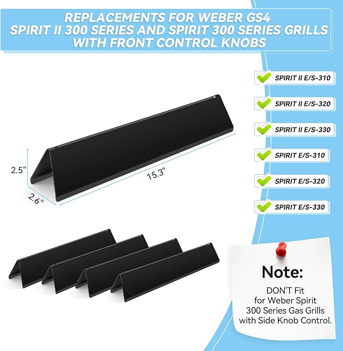 15.3" Flavorizer Bars for Weber Spirit 300 and GS4 Spirit II 300 Series E310 E320 E330 S310 S320 S330 with Front Control Knobs, Porcelain Enameled Steel Grill Heat Plates Replacement for 7636, 5 Pack