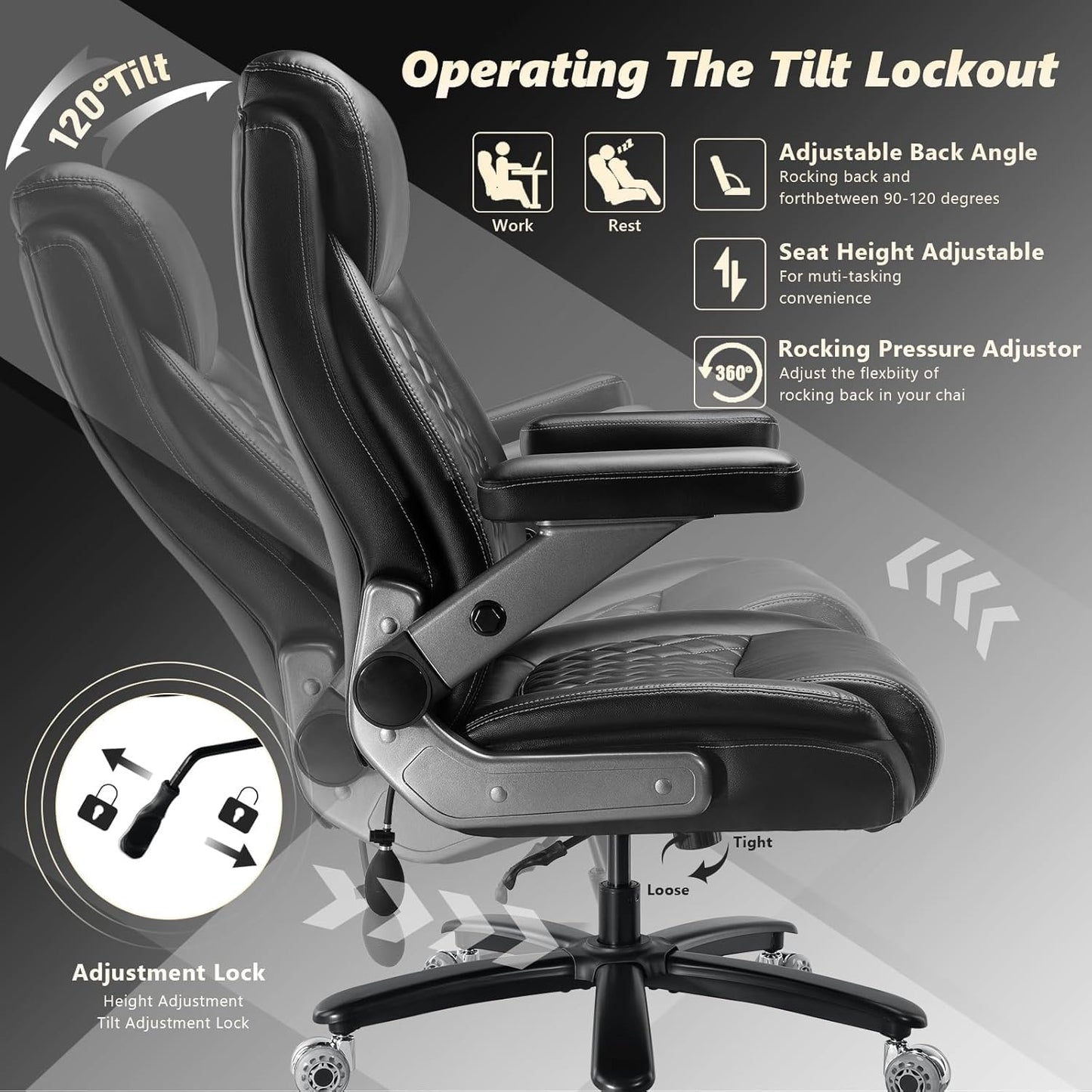 Skiennix Heavy Duty Office Chair - 700LBS Capacity, Comfy Big & Tall Design with Lumbar Support | High Back, 5D Flip Arms