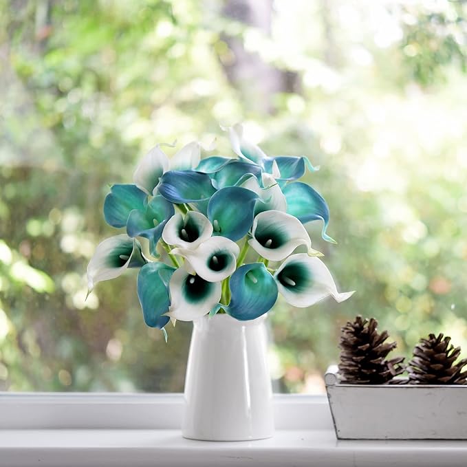 FiveSeasonStuff Real Touch Calla Lily Artificial Flowers Wedding Bridal Bouquet | Floral Arrangements | 15 Calla Lilies (Cerulean Blue)