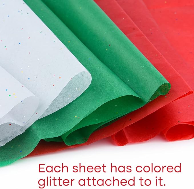 NEBURORA Glitter Tissue Paper for Packaging 50x66cm White Green Red Tissue Paper for Christmas Gift Wrapping Bouquet Packaging Craft Paper for Christmas Party Supplies 30 Sheets