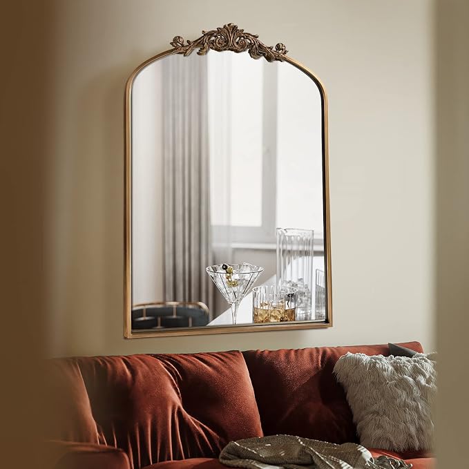 OUSHUAI Gold Brass Mirror for Wall,Gold Traditional Vintage Ornate Baroque Mirrors,Victorian Antique Bronze Mirrors with Full Matel Frame,Arched Mirror for Entryway/Bathroom/Fireplace 24"X36"