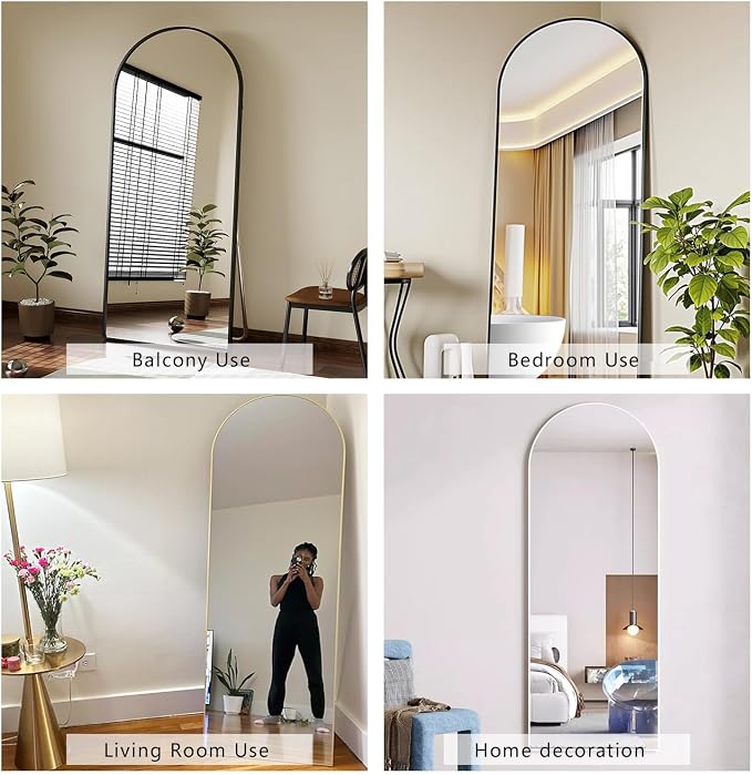 Dewfig Arched Full Length Mirror, 64"x20" Gold Mirror with Stand, Full Body Mirrors for Leaning Against or Wall Mounted, Large Floor Mirrors for Bedroom, Living Room, Black