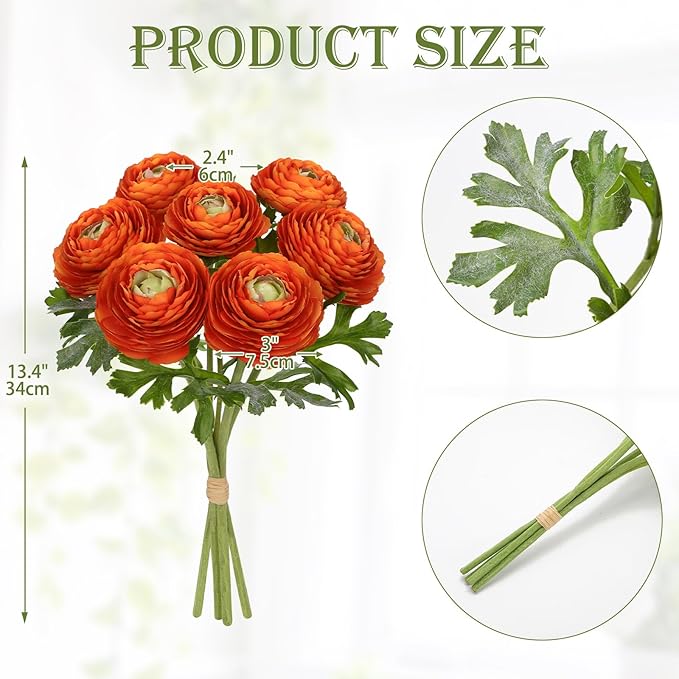 Hollyone 7 Heads Ranunculus Artificial Flowers Orange Fake Ranunculus Small Bouquets Silk Flowers Faux Floral Centerpieces Flower Arrangements for DIY Home Decor Wedding Party Bridal Shower Decoration