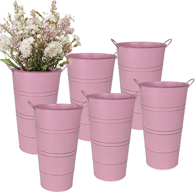 12 Inch Galvanized Metal Vases for Flowers - 6 Pcs Farmhouse Decorative Tall Flower Bucket with Handles, Rustic French Tin Planter Buckets for Wedding Decor (Pink)