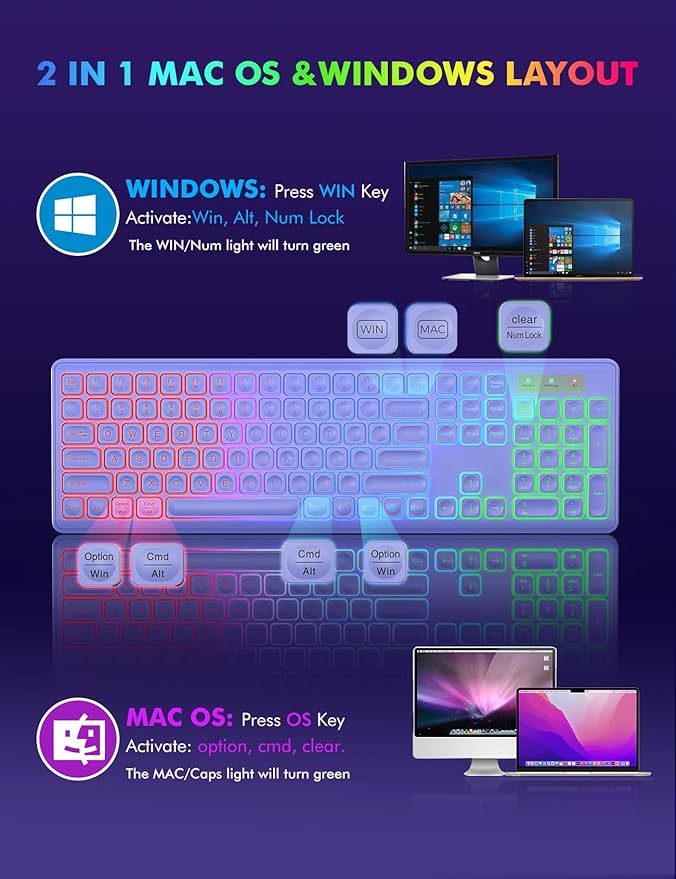Wireless Keyboard and Mouse Combo, RGB Backlit, Rechargeable & Light Up Letters, Full-Size, Soft Typing, Sleep Mode, 2.4GHz Quiet Keyboard Set for Mac, Windows, Laptop, PC, Trueque (Purple)