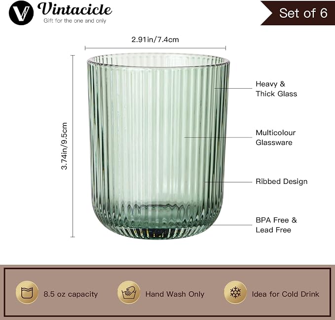 Green Ribbed Highball Glasses Set of 6, 8.5oz Sage Green Vintage Glassware, Drinking Glasses for Water, Juice, Coffee, Cocktails, Green Glass Cups, Housewarming & Christmas Gift