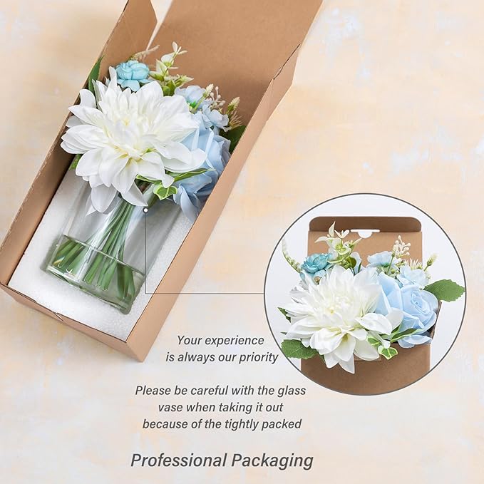 WELL KNOWN Artificial Flowers in Glass Vase with Fake Water, Silk Rose Dahlia Flower Bouquet for Home Dinning Tea Table, Office Desktop, Hotel, Wedding, Party, Lavatory Decor & Gift (Blue & White)
