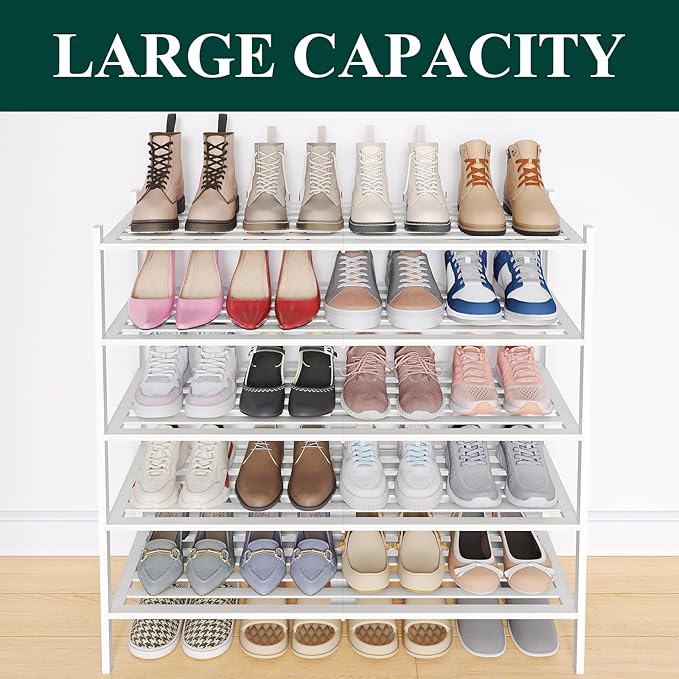 Smiry Bamboo Shoe Rack 5-Tier, Stackable Wooden Shoe Organizer for Entryway & Closet, Free Standing Wood Shoe Storage Shelf for Front Door & Small Spaces, White