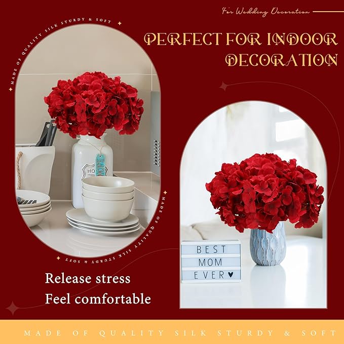 Unittype Silk Hydrangea Artificial Flowers Heads with Stems Faux Hydrangea Flowers for Wedding Centerpieces Bouquets DIY Floral Decorations for Home Indoor(Burgundy,200 Pieces)