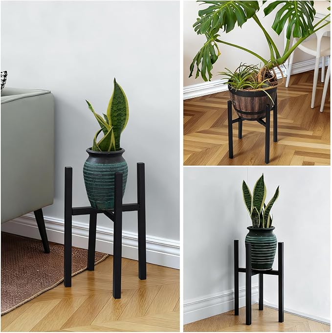 Adjustable Metal Plant Stand Indoor, Fits 9-15 Inch Pots, Mid Century Modern Gold Planter Holder,2 Heights, Heavy Duty 160 lb, Indoor Outdoor Corner Floor Pot Stand, Black