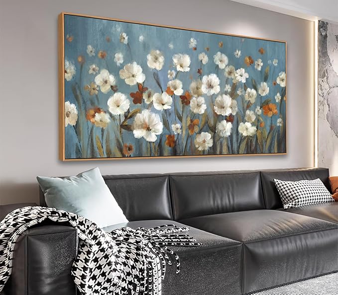 VEAEE Wildflowers Canvas Wall Art, Daisy Flowers Canvas Pictures,Abstract Orange White Floral Blossom Landscape Painting for Living Room Bedroom Kitchen Dining Room Home Office Decor 29"x58"