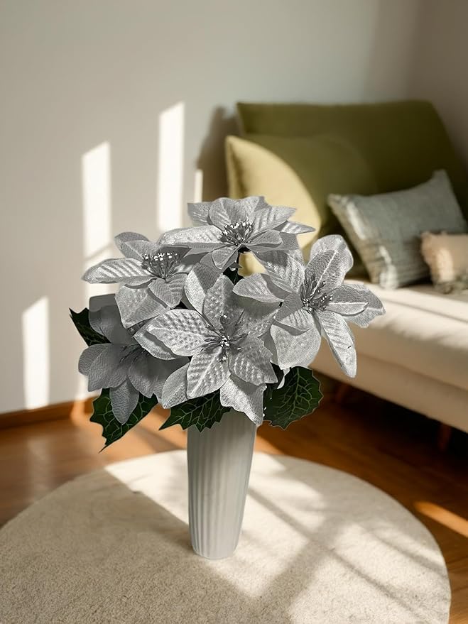 8 Pack 5 Heads Christmas Artificial Poinsettia Flowers Faux Poinsettia Bush Bouquets Silk Poinsettia Christmas Tree Ornaments Poinsettia Flower Arrangement for Home Decor