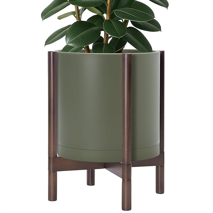 D'vine Dev Planter Pot with Stand - 14 Inch Plastic Cylinder Flower Pot with Wood Planter Holder for Indoor, Olive Pot + Walnut Color Stand, 55-C-R-4
