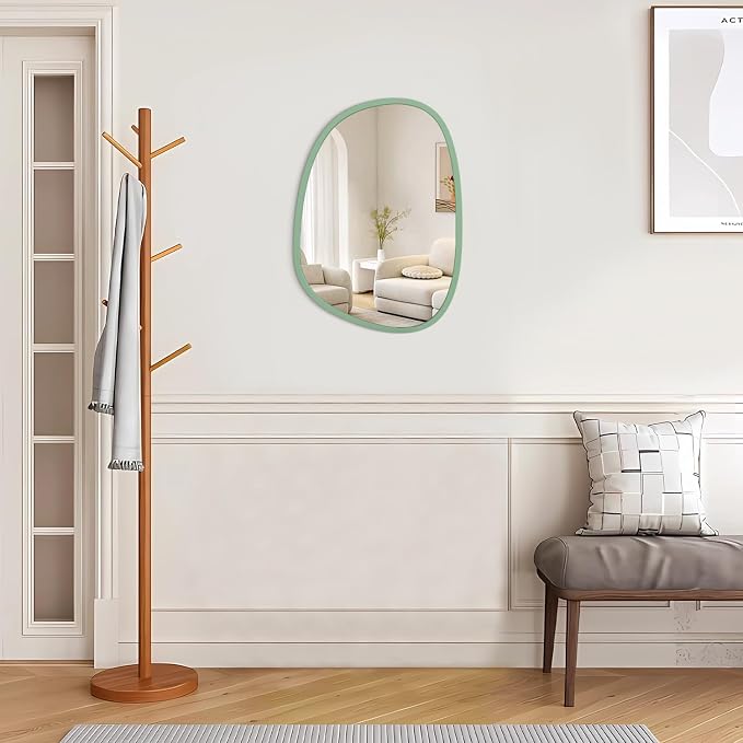 Wooden Framed Irregular Mirror - Modern Artistic Asymmetrical Oval Hanging Wall Mirror for Bathroom, Bedroom, Living Room, Entryway & Hallway