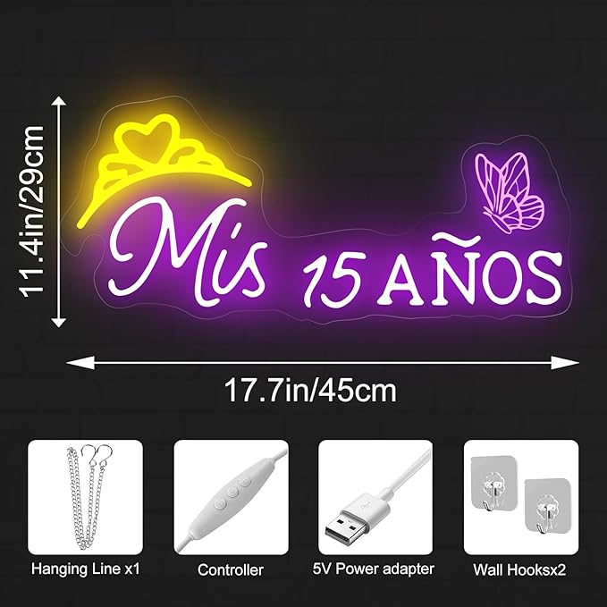 Mis 15 Anos Neon Sign, Sweet 15 Quince Party Sign with Dimmer Switch, Birthday Party Decor, Quinceanera Party Sign, Preppy Room Decor,Birthday Party Home Decorations, Mitzvah Gift-Purple