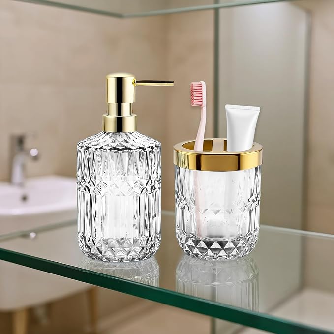 2Pcs White Bathroom Accessories Set, Glass Bathroom Accessories, Vintage Bathroom Countertop Decoration Includes Soap Dispenser, Toothbrush Holder