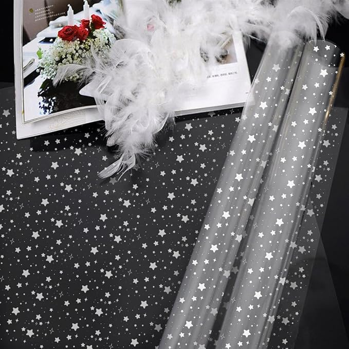 GWHOLE Clear Cellophane Wrap Roll, 65 Ft x 23.6 in Star Pattern Cellophane Wrap Clear Wrapping Paper for Gift Baskets Flowers Treats Wine (Width 23.6" folded into 11.8")
