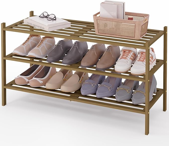 Smiry Long Bamboo Shoe Rack 3-Tier, Stackable Wooden Shoe Organizer for Entryway & Closet, Free Standing Wood Shoe Storage Shelf for Front Door & Small Spaces, Walnut